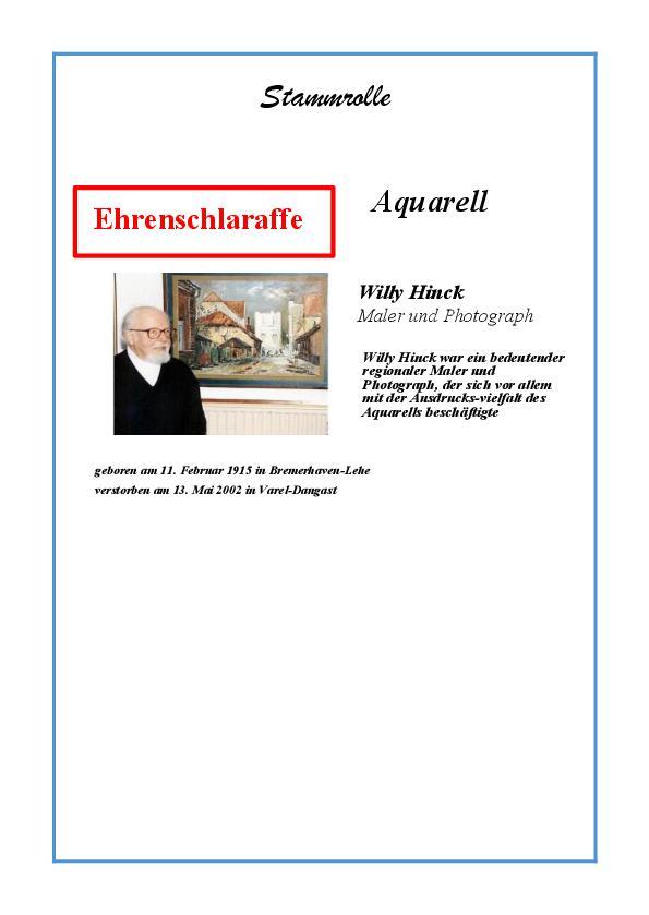 Stammrolle: Ehrenschlaraffe Willy Hinck &bdquo;Aquarell&ldquo;